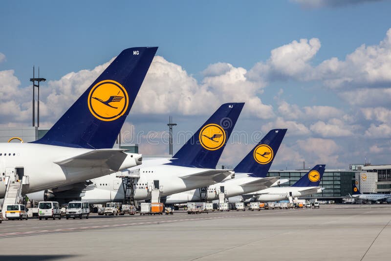 Lufthansa airplanes at the Frankfurt Airport