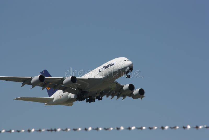 The biggest airplane from the Airbus family, fly on duty for Lufthansa. The biggest airplane from the Airbus family, fly on duty for Lufthansa.