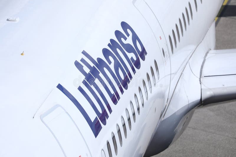 Lufthansa plane, close-up view of logo stock photo