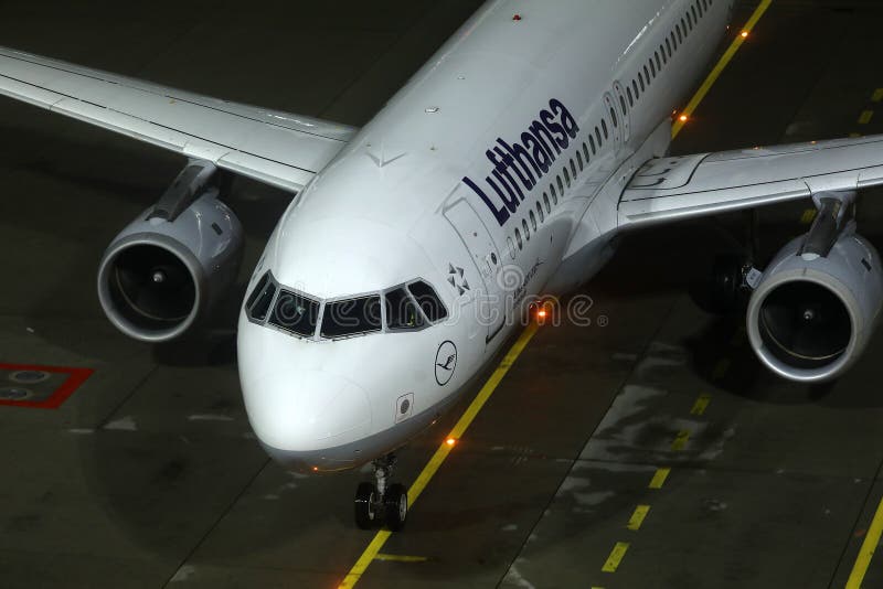 Lufthansa plane, close-up night view stock photography