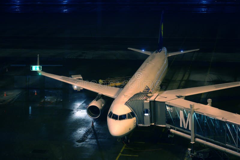 Lufthansa-vliegtuig bij eindpoort, nachtmening, München