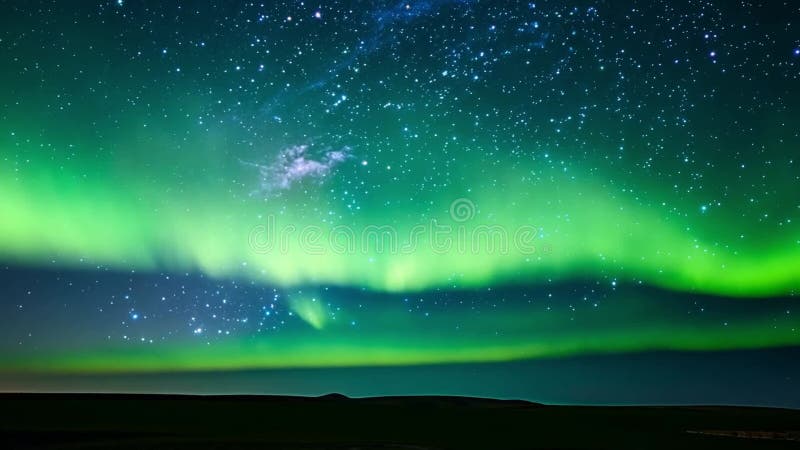 KI-generierte Illustration von Nordlichtern in einem Sternenhimmel in Zeitraffer lizenzfreie abbildung