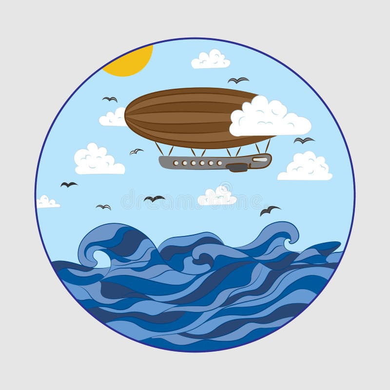 Luftschiff über dem Meer in den Wolken, die in einen Kreis zeichnen lizenzfreie abbildung