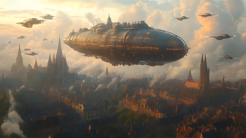 Luftschiff über mittelalterlichen Sonnenuntergang in Fantasy Scifi Kunstwerk stock abbildung