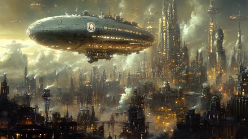 Luftschiff über Steampunkstadt vektor abbildung