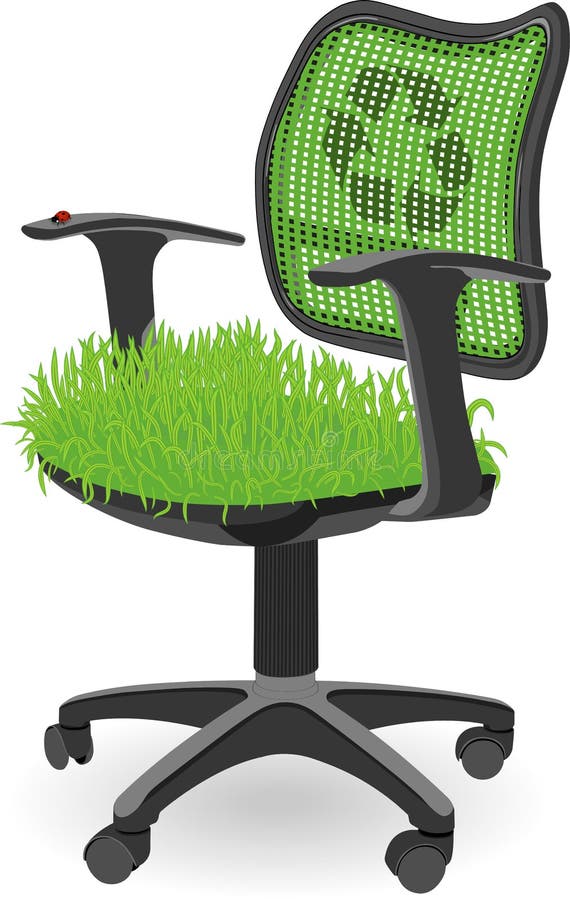 Green office chair with grass at the seat and ladybug insect is used as a metaphor of the ecology protection and ECO working place for everyone. Used blends and meshes. Green office chair with grass at the seat and ladybug insect is used as a metaphor of the ecology protection and ECO working place for everyone. Used blends and meshes.