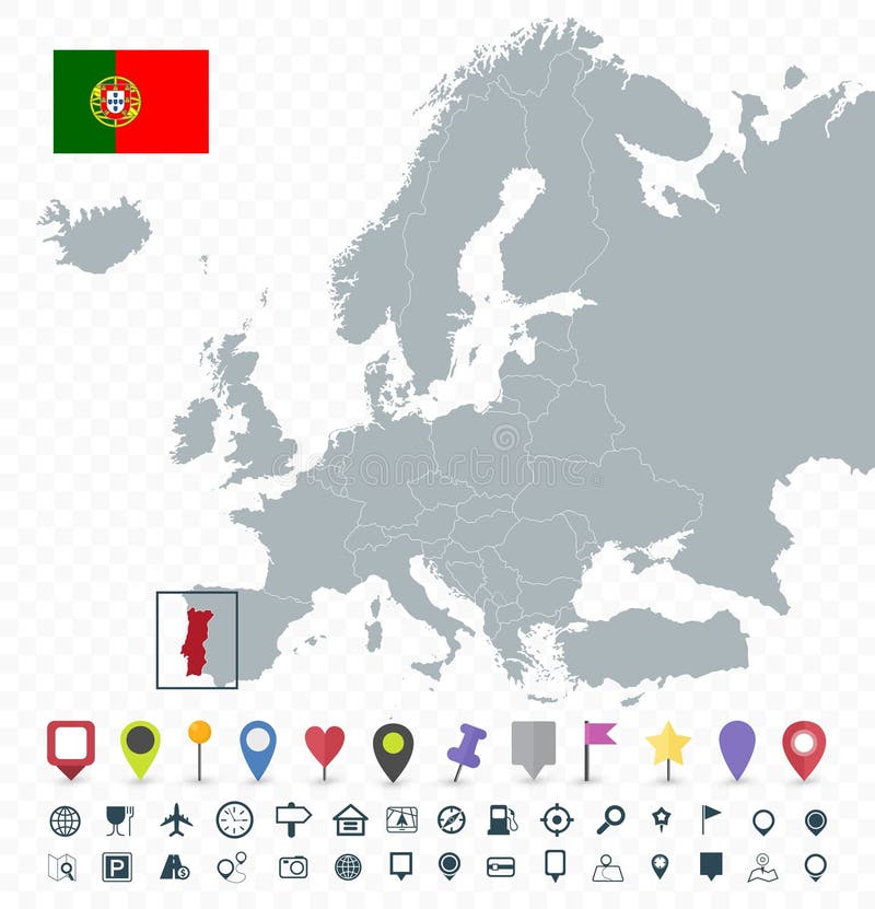 Mapa de portugal e localização na ilustração vetorial do mapa da europa