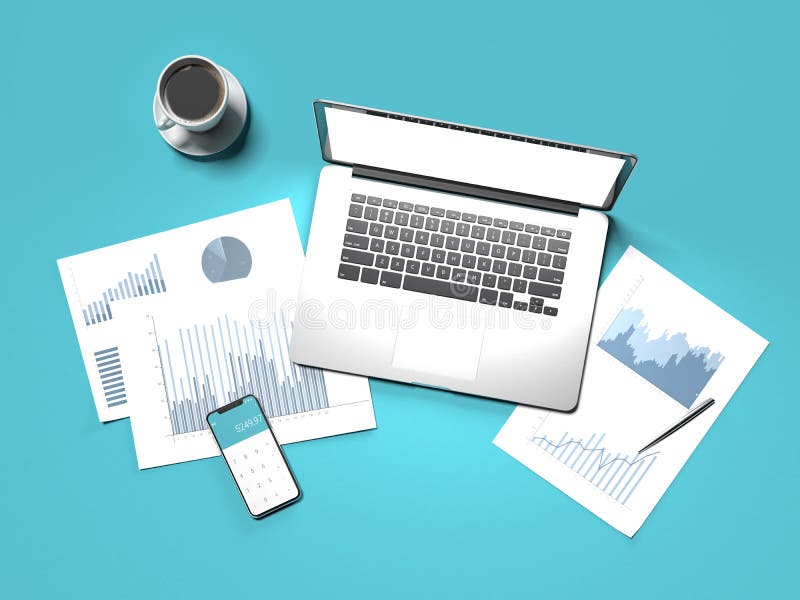 Lugar de trabajo con las cartas, el ordenador portátil y la calculadora financieros representación 3d ilustración del vector Lugar de trabajo con las cartas, el ordenador portátil y la calculadora financieros representación 3d ilustración del vector