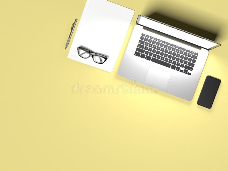 Lugar de trabajo con los vidrios, el ordenador portátil y el smartphone representación 3d ilustración del vector Lugar de trabajo con los vidrios, el ordenador portátil y el smartphone representación 3d ilustración del vector