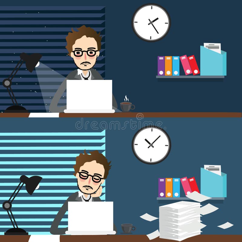 Lugar de trabajo de trabajo de la noche y del día del hombre de negocios en un cierto plazo delante de la oficina del ordenador p libre illustration Lugar de trabajo de trabajo de la noche y del día del hombre de negocios en un cierto plazo delante de la oficina del ordenador p libre illustration