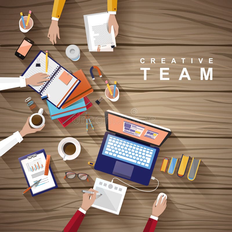Lugar de trabajo del equipo creativo en diseño plano ilustración del vector Lugar de trabajo del equipo creativo en diseño plano ilustración del vector