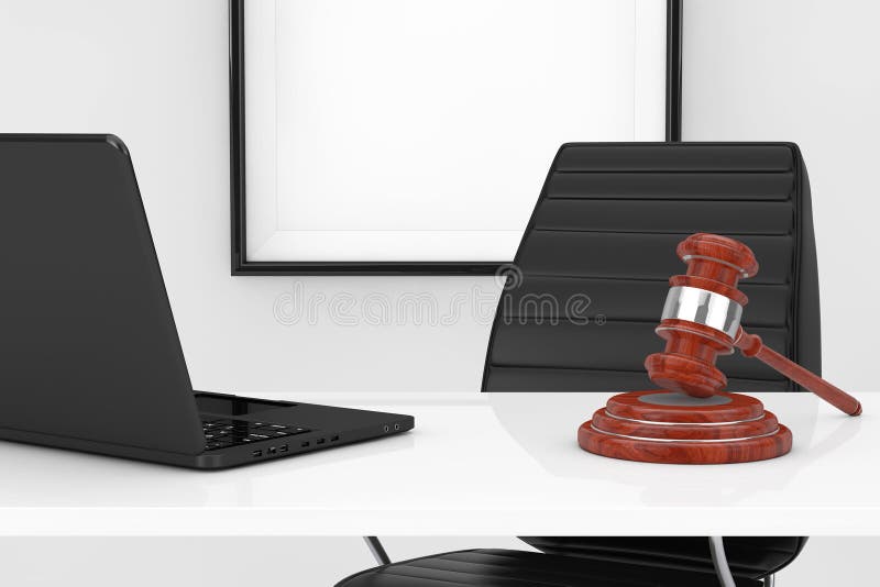 Lugar de trabajo de la justicia y del concepto de la ley Justicia Gavel y ordenador portátil o stock de ilustración Lugar de trabajo de la justicia y del concepto de la ley Justicia Gavel y ordenador portátil o stock de ilustración