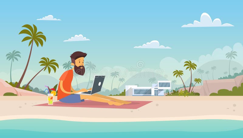Lugar de trabajo remoto independiente del hombre usando la isla tropical de las vacaciones de verano de la playa del ordenador po libre illustration Lugar de trabajo remoto independiente del hombre usando la isla tropical de las vacaciones de verano de la playa del ordenador po libre illustration