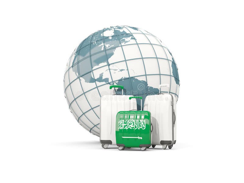 Luggage with Flag of Saudi Arabia. Three Bags in Front of Globe Stock