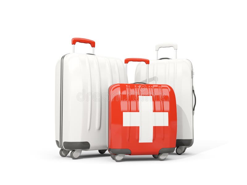 Luggage with Flag of Switzerland. Three Bags Isolated on White Stock