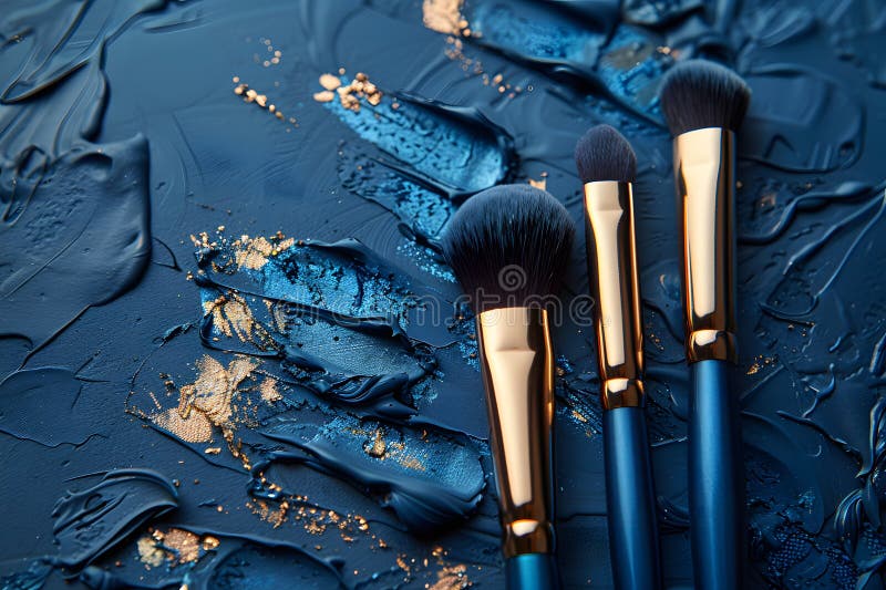 Lujosos cepillos de maquillaje azules y dorados sobre un fondo de textura generativo ai. Elegantes cepillos de maquillaje azules y dorados descansan en una superficie texturada con ricas brochas azules y acentos dorados. el contraste entre colores y texturas hace hincapié en el lujo y el estilo ideal para la belleza y la moda. ai generativo