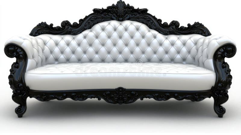Luksusowa biała skórzana sofa z ozdobną czarną rzeźbioną ramą drewnianą obrazy royalty free