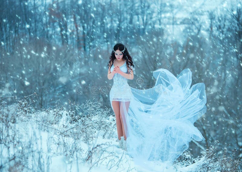 Luxurious brunette in a white dress standing in a snowy forest , Snow Queen, fairytale princess ,a fantastic shot,a fashionable toning , creative color. Luxurious brunette in a white dress standing in a snowy forest , Snow Queen, fairytale princess ,a fantastic shot,a fashionable toning , creative color