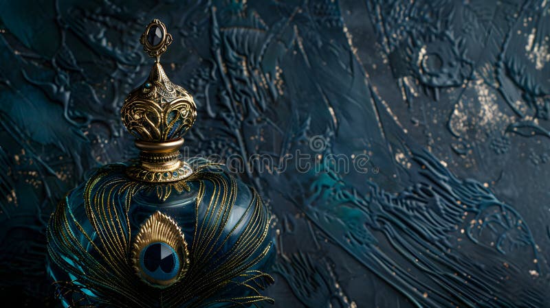 Luksusowa butelka perfum z piórkiem peacock na ciemnym tle obrazy royalty free