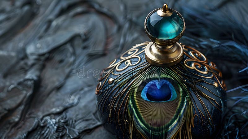 Luksusowa butelka perfum z piórkiem peacock na ciemnym tle fotografia royalty free