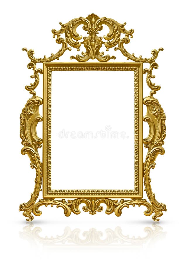 Baroque golden frame with foot base. Cut out image on white with reflection. Baroque golden frame with foot base. Cut out image on white with reflection.