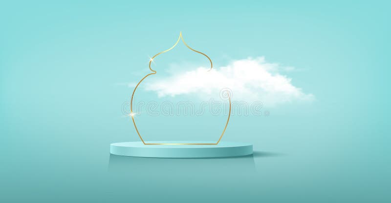 Luksusowe podium islamskie ze złotym tradycyjnym oknem islamskim z fluffy cloud 3d poziomym banerem arabskim do prezentacji produk ilustracji