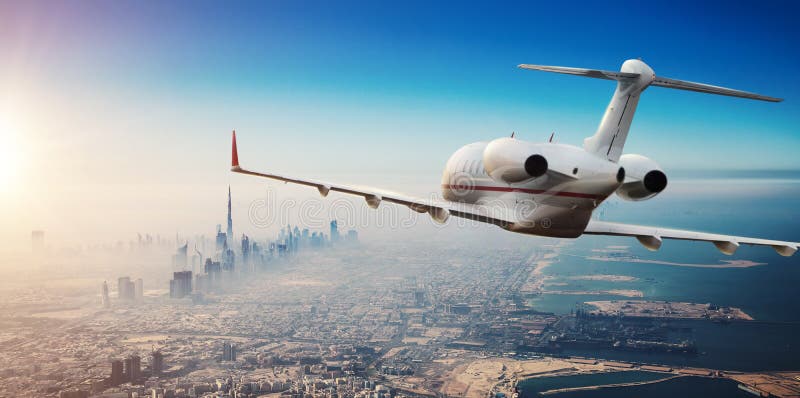 Luksusowy intymny odrzutowa latanie nad Dubaj miasto, UAE