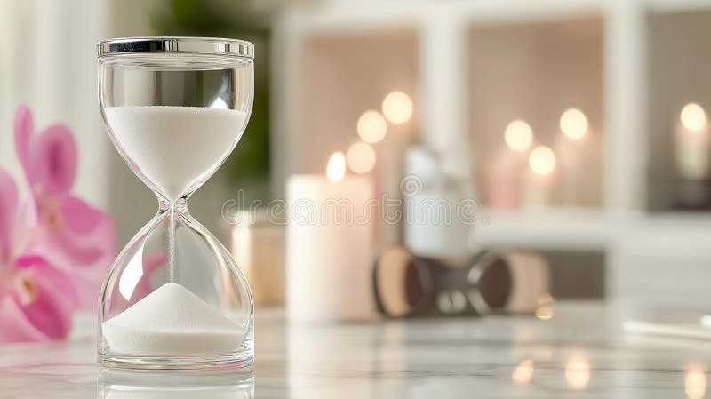 Luksusowy krystaliczny klepsydra z piaskiem płynącym płynnie z górnej żarówki do dołu ustawionego na marmurowym biurku z miękkim światłem świecącym w tle generowanym przez sztuczną inteligencję