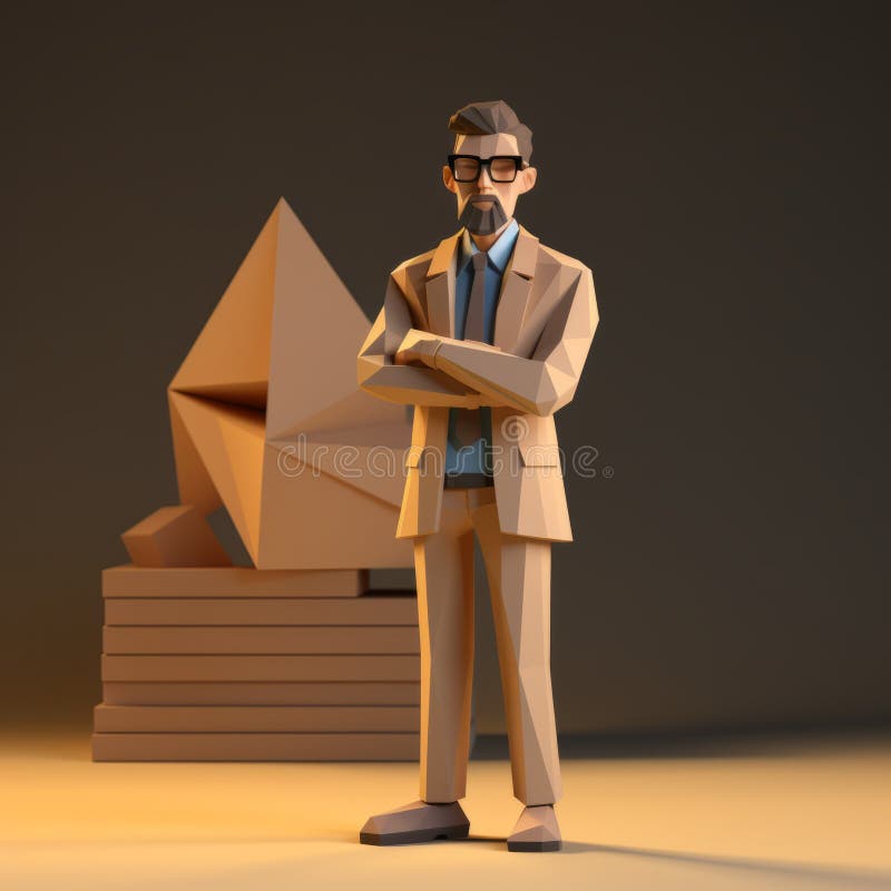 Luksusowy model geometrii 3d mężczyzny stojący obok stołu notebooków ilustracji