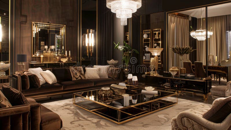 Luksusowy nowoczesny salon z wyrafinowanym designem. ciemne drewniane meble bogate tkaniny i obraz royalty free