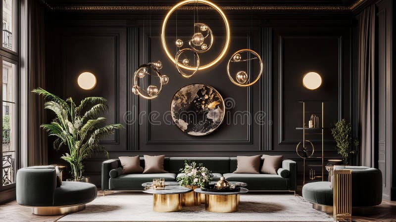 Luksusowy salon wnętrz Projekt Dark Decor Gold Accent Elegant Apartment Showcase fotografia royalty free