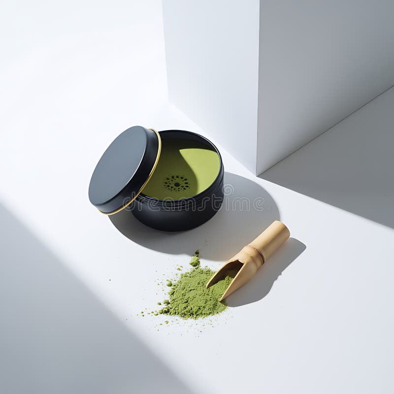 Luksusowy zielony puder Matcha w czarnym pojemniku z bambusowym kubkiem ilustracji