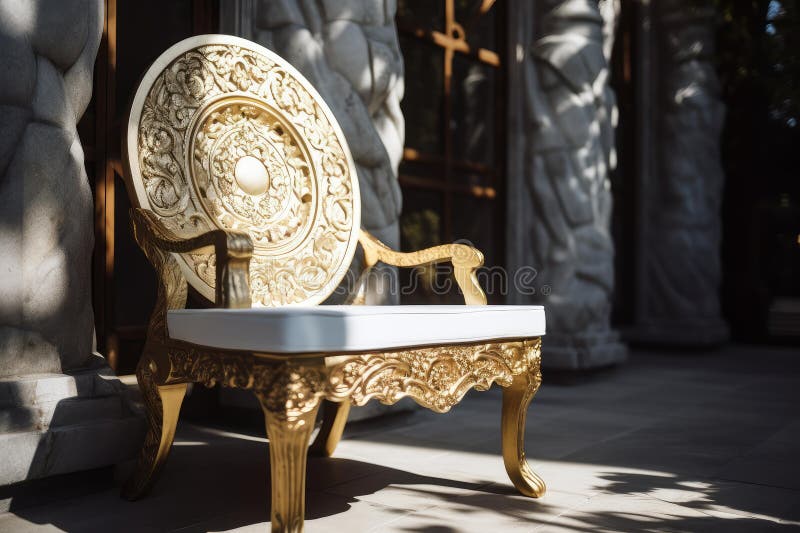 Ornate golden chair with intricate designs, basking in sunlight, set against a backdrop of majestic columns AI generated. Ornate golden chair with intricate designs, basking in sunlight, set against a backdrop of majestic columns AI generated