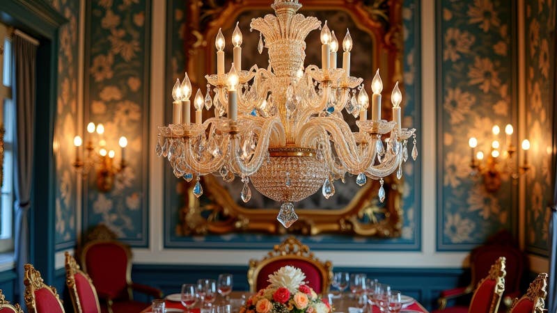 Luksusowy żyrandol kryształowy w eleganckim jadalni z ozdobnym wystrojem fotografia royalty free