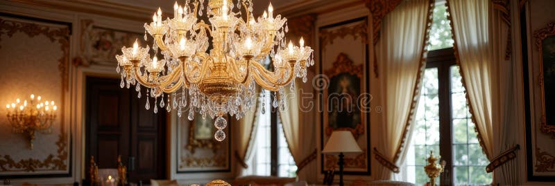 Luksusowy żyrandol kryształowy w eleganckim jadalni zwycięskiej z urywanymi zasłonami obraz royalty free