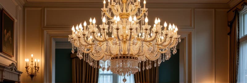 Luksusowy żyrandol kryształowy w eleganckim mieszkaniu z złotymi akcentami obrazy royalty free