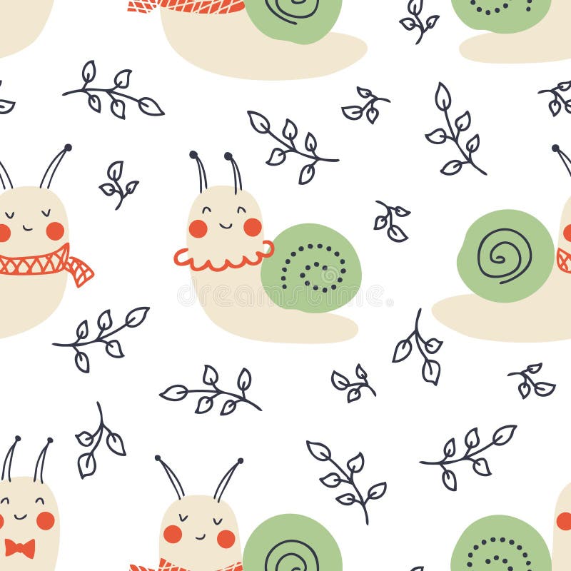Lumache carine di molla con foglie in forma di foglie. perfetto per la cartolina di auguri per le magliette, materiale tessile e s illustrazione di stock