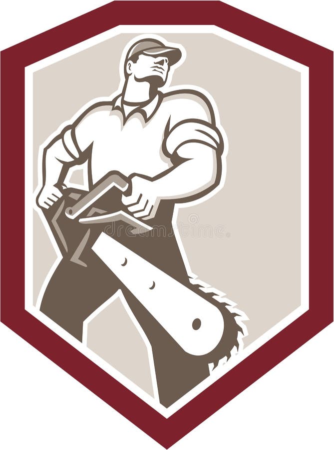 Free Lumberjack Arborist Holding Chainsaw Shield Stock Photography - 39734122