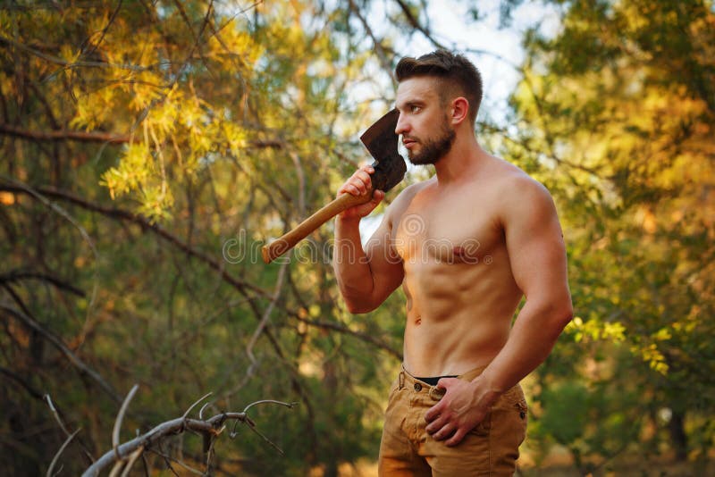 Lumberjack holds a cleaver. 
