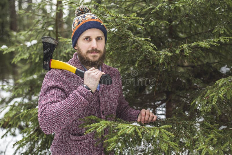 Lumberjack Near the Christmas Tree in Forest Stock Image - Image of ...