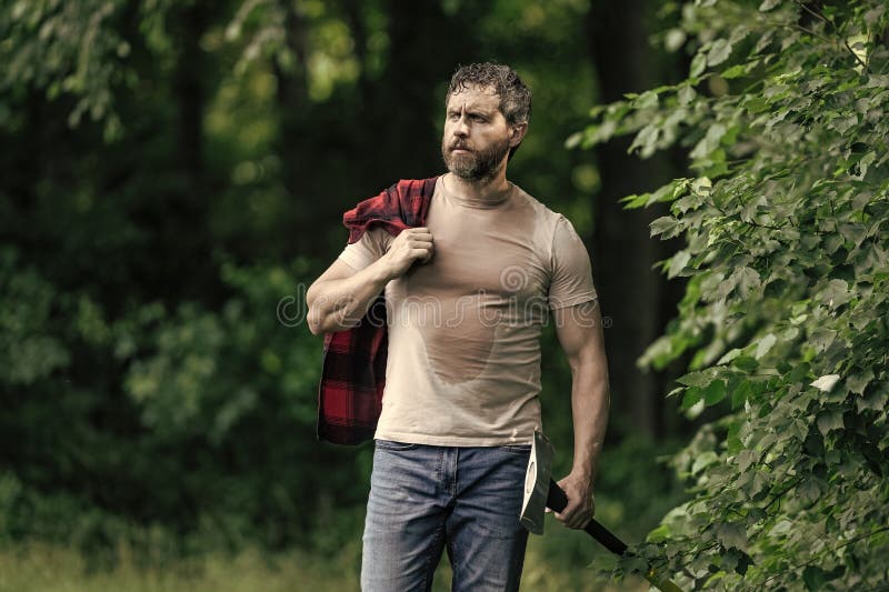 Lumberjack Schwitzen nach harter Arbeit. Brutal lumberjack. Brutalität und Männlichkeit. Schwitzen Lumberjack Mann mit Axt lizenzfreie stockfotografie