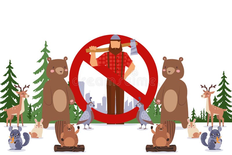 Lumberjack-tecknet med yxa i skjortan i skogsvektorns plana illustration för olaglig avskogning royaltyfri illustrationer