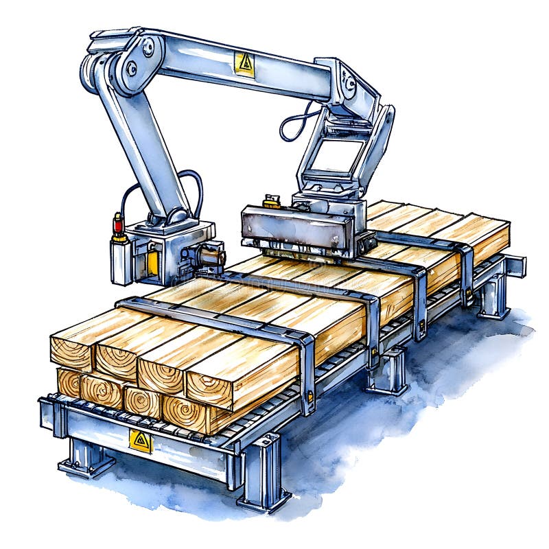Braccio Robotico che Smista Legname su Nastro Trasportatore in Impianto di Lavorazione del Legno royalty illustrazione gratis