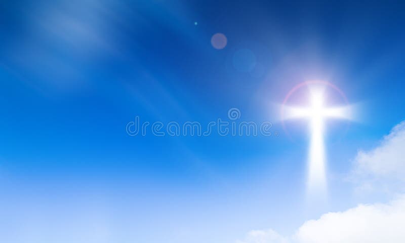 Lumina sfântă a crucifixului, cruce pe cerul albastru. concept de speranță și libertate royalty free stock image