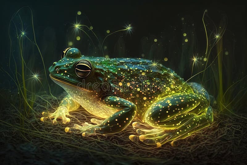 Luminescent Curled Up Sleeping Frog, Fireflies Bokeh in Front of the