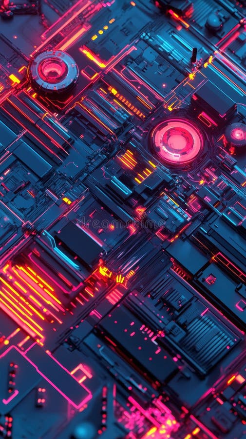Lumini de neon abstracte pe o placă de circuite futuriste royalty free illustration