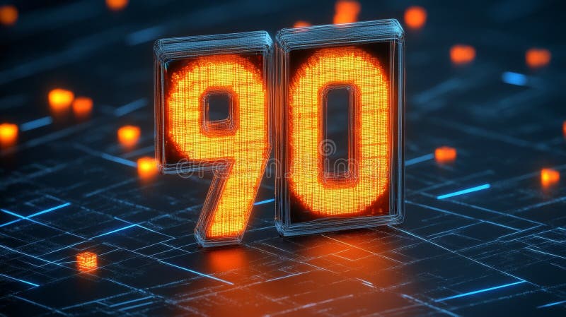 Luminous Digital Number 90 on Circuitry Background, 3D Rendered Representation of Digital Technology stock illustration