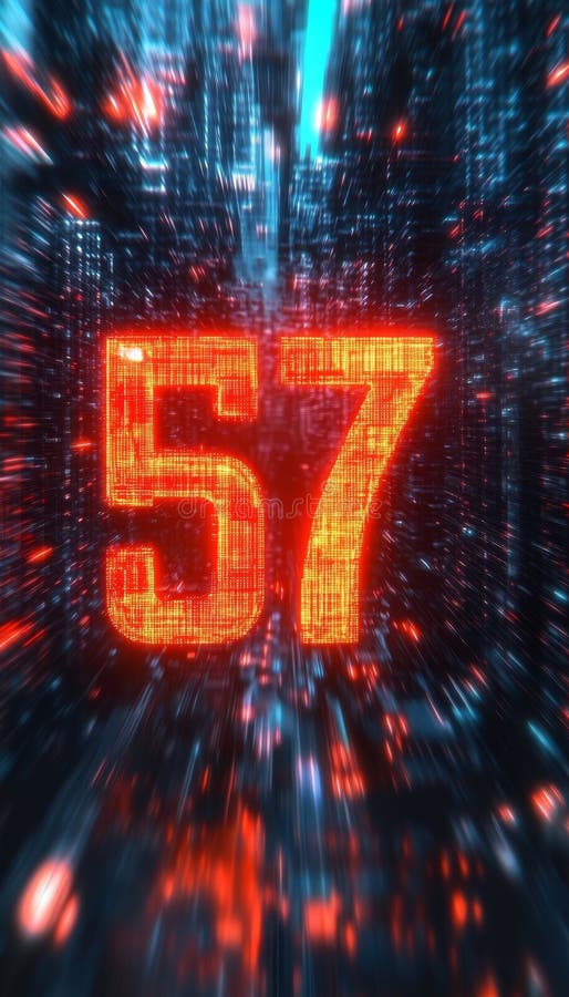 Luminous Digital Number 57 in a Futuristic Style on Abstract Background, Technology Concept royalty free illustration