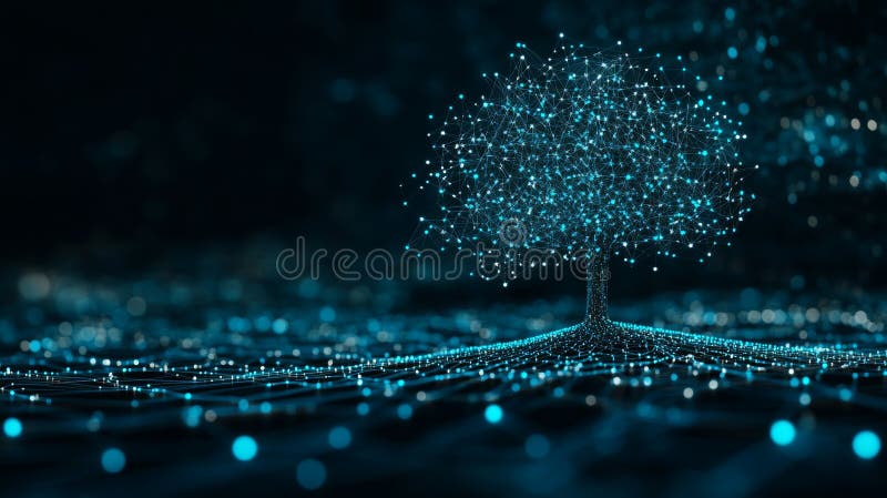 Luminous Digital Tree Network Abstract Technology Background with Glowing Connections. stock illustration