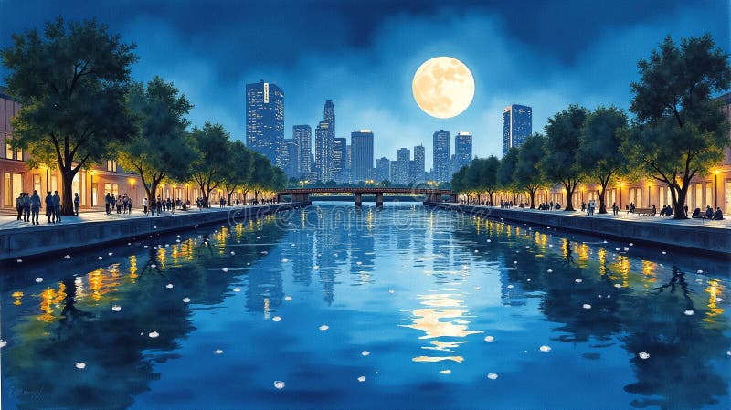 Luminous Dreams : A Calm Nighttime Cityscape Oasis stock illustrationer